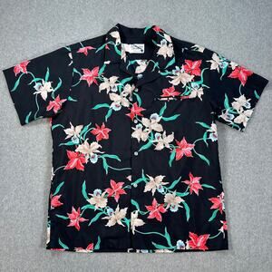 Pacific Isle Creations Hawaiian Shirt Men Large Black Floral Vintage Made in USA